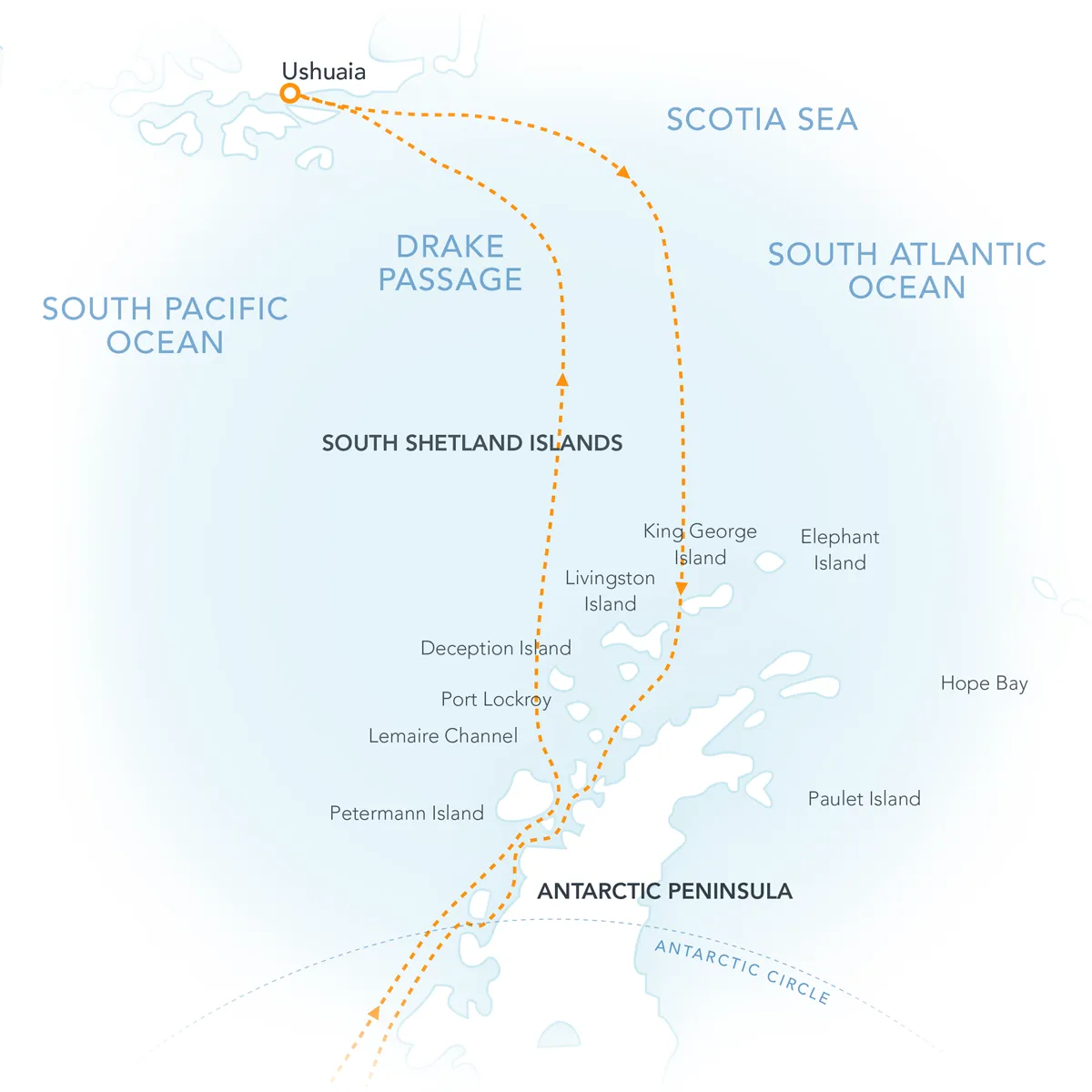 Voyage map: Ushuaia, the Drake Passage, South Shetland Islands, Antarctic Peninsula, and the Antarctic Circle