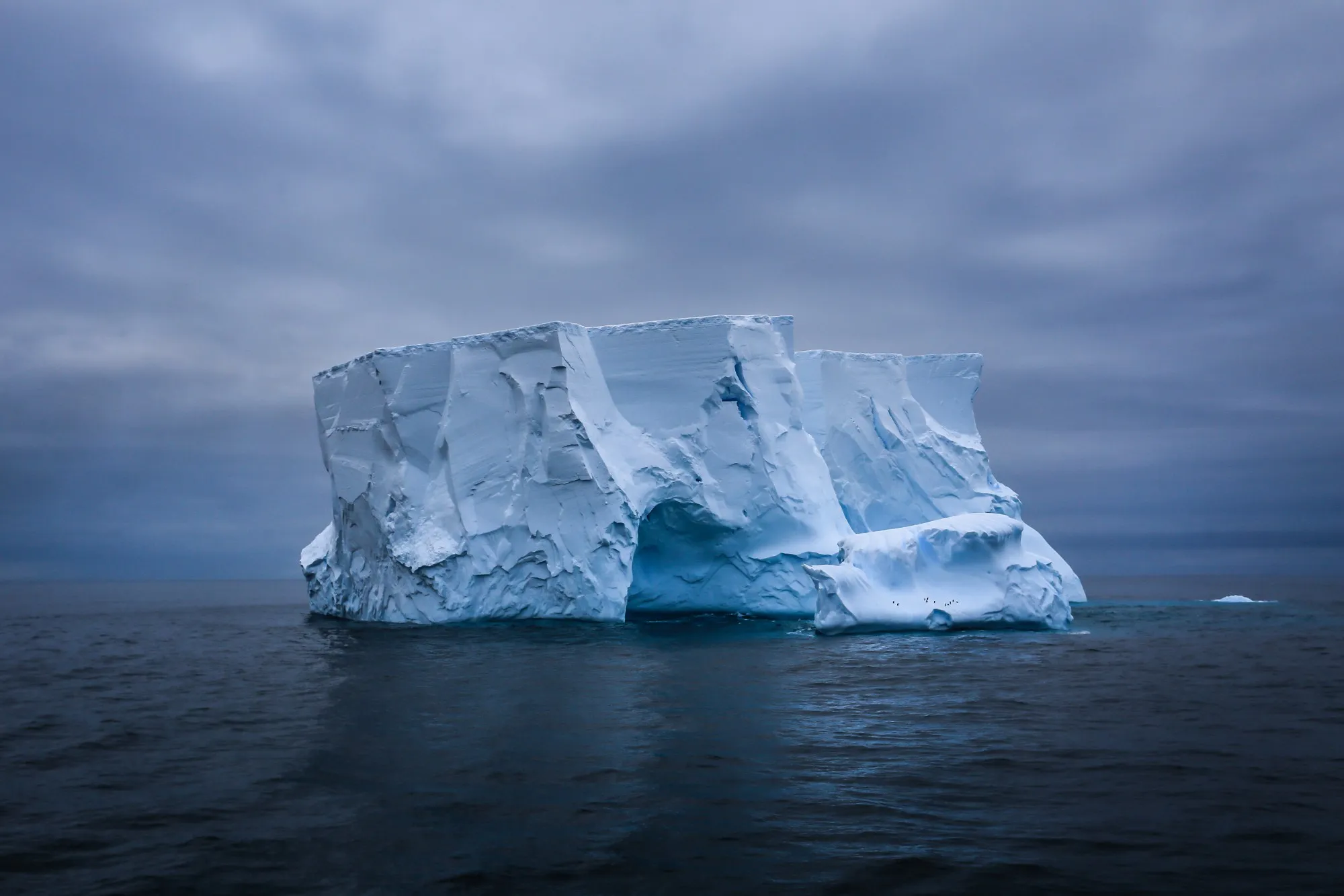 A towering tabular iceberg with sheer, sculpted blue-white walls and a low ice ledge at its base, floating in dark, calm water under a heavy grey sky